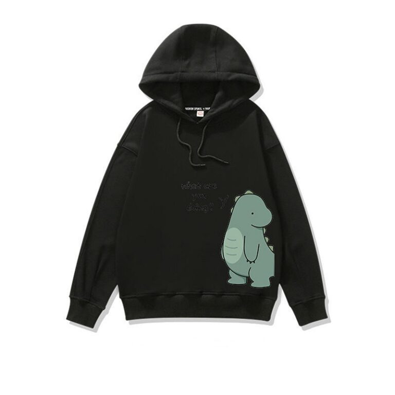 Sweat à capuche couple noir à capuche avec dessin de dinosaure sur un fond blanc