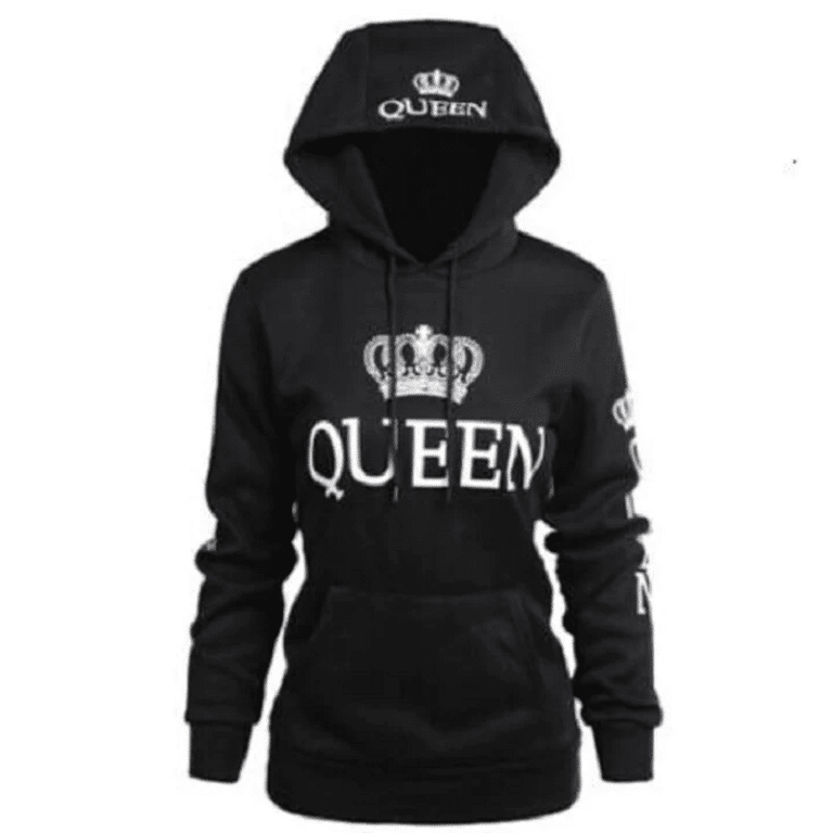 sweats noirs de couples à capuche imprimé "King" & "Queen" pour femme